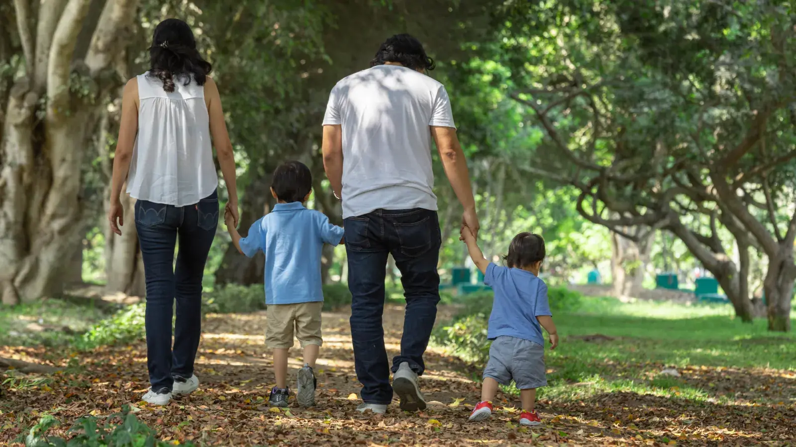 Família com dois adultos e duas crianças caminhando de mãos dadas por um parque arborizado