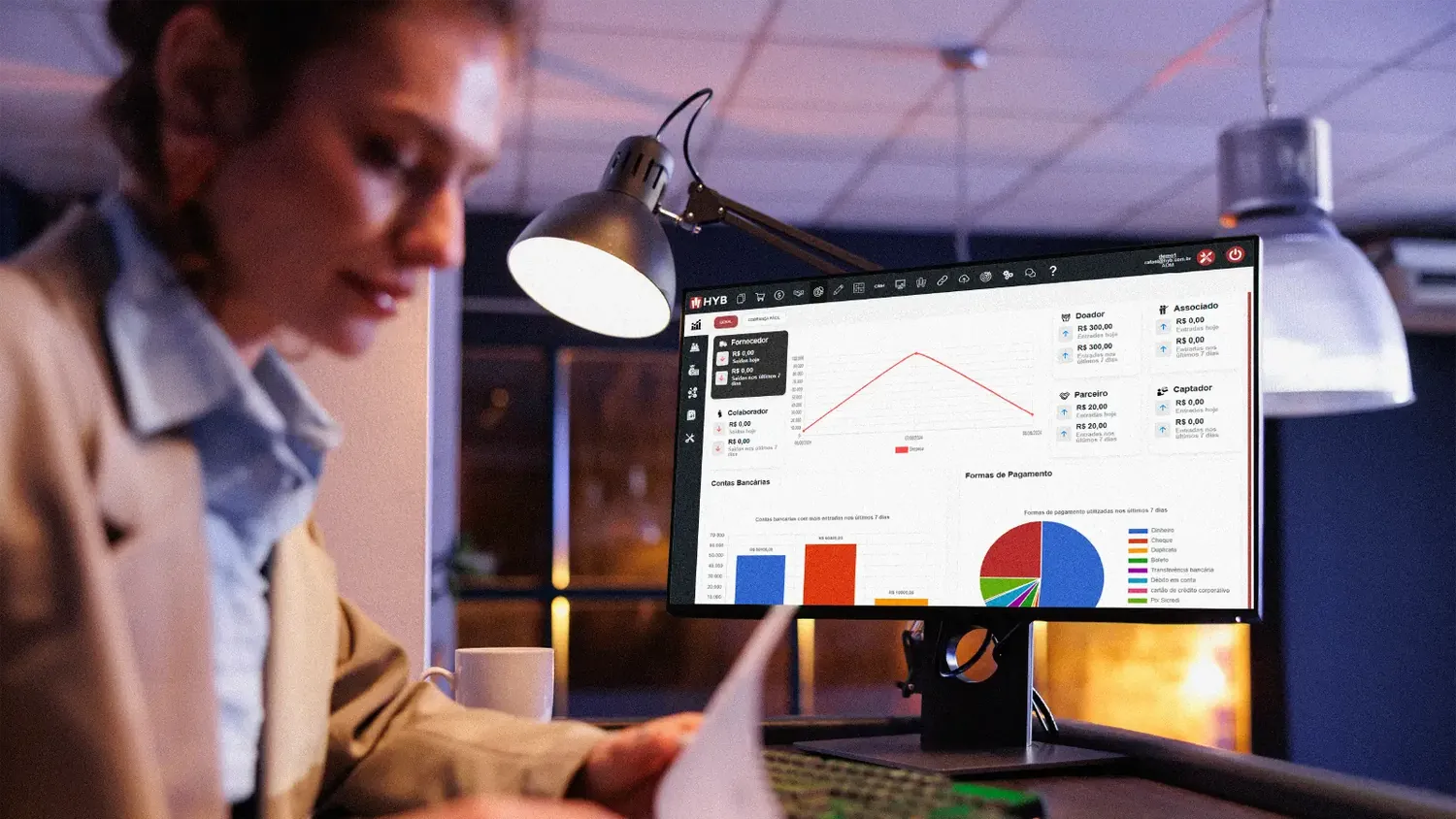 Profissional analisando gr�ficos e relat�rios financeiros na tela do computador