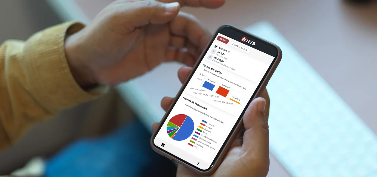 M�o segurando um celular com o painel financeiro do HYB na tela