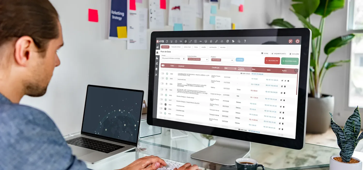Monitor exibindo um painel de indicadores do HYB sobre uma mesa de trabalho