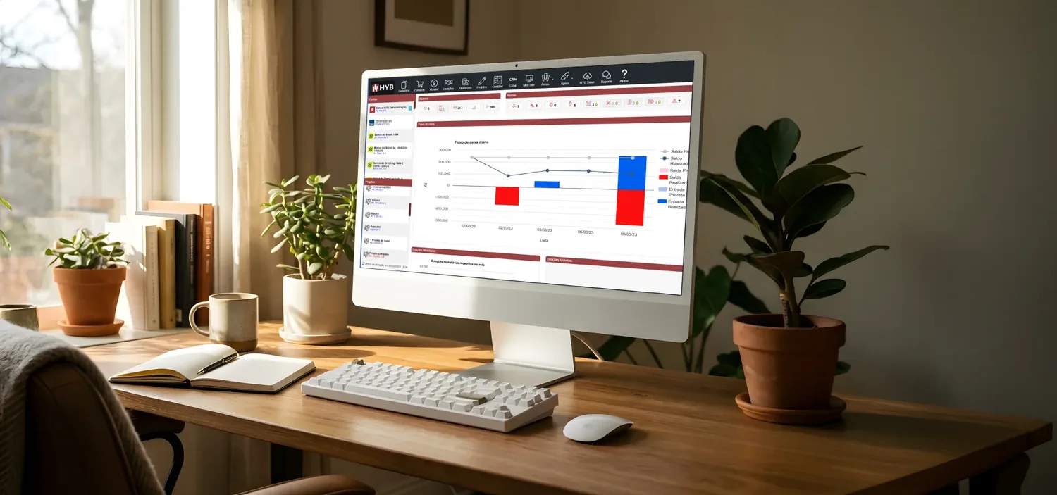 Computador sobre uma mesa de madeira exibindo um painel do HYB, ao lado de plantas e um caderno
