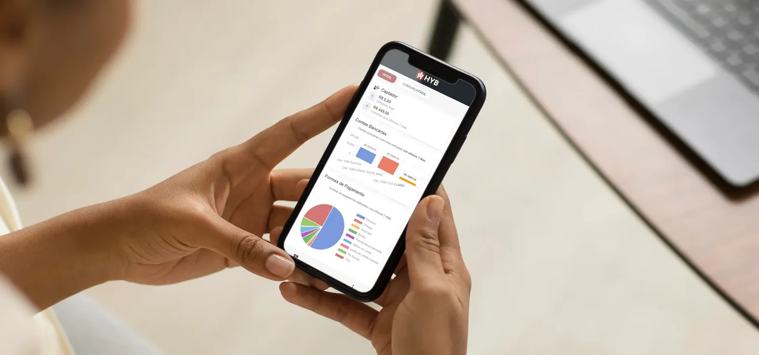 M�os segurando um celular com um painel de indicadores do HYB na tela