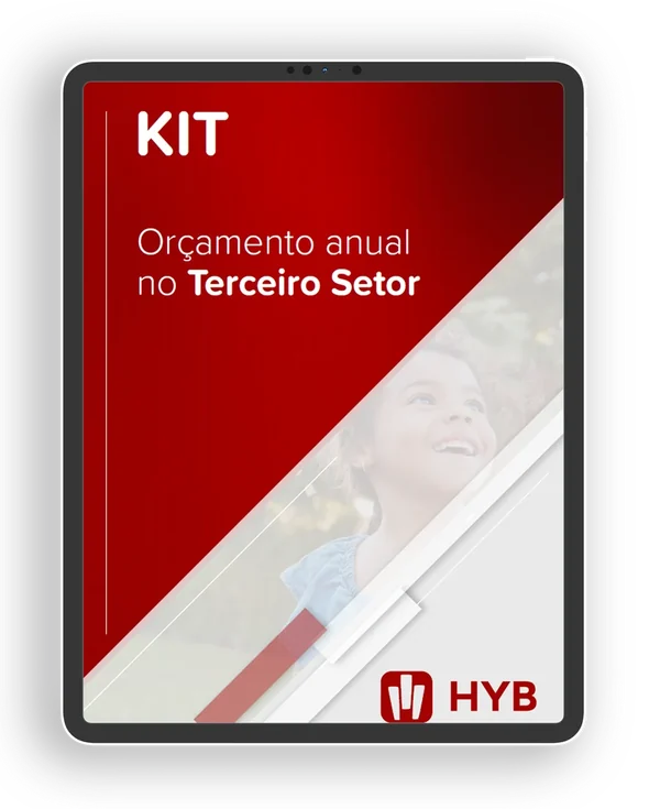 Capa do kit Or�amento anual no Terceiro Setor, em vermelho, com o logotipo do HYB