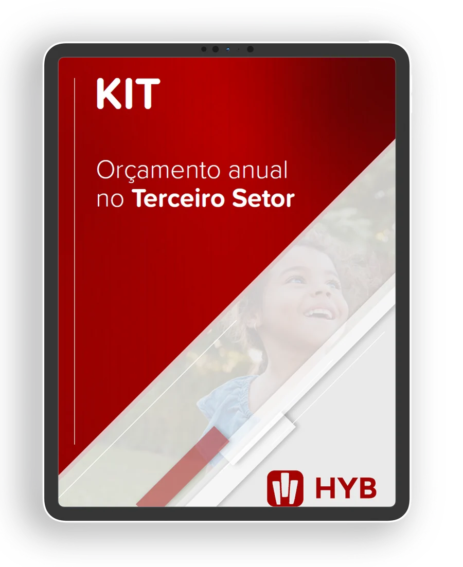 Capa do kit Or�amento anual no Terceiro Setor, em vermelho, com o logotipo do HYB
