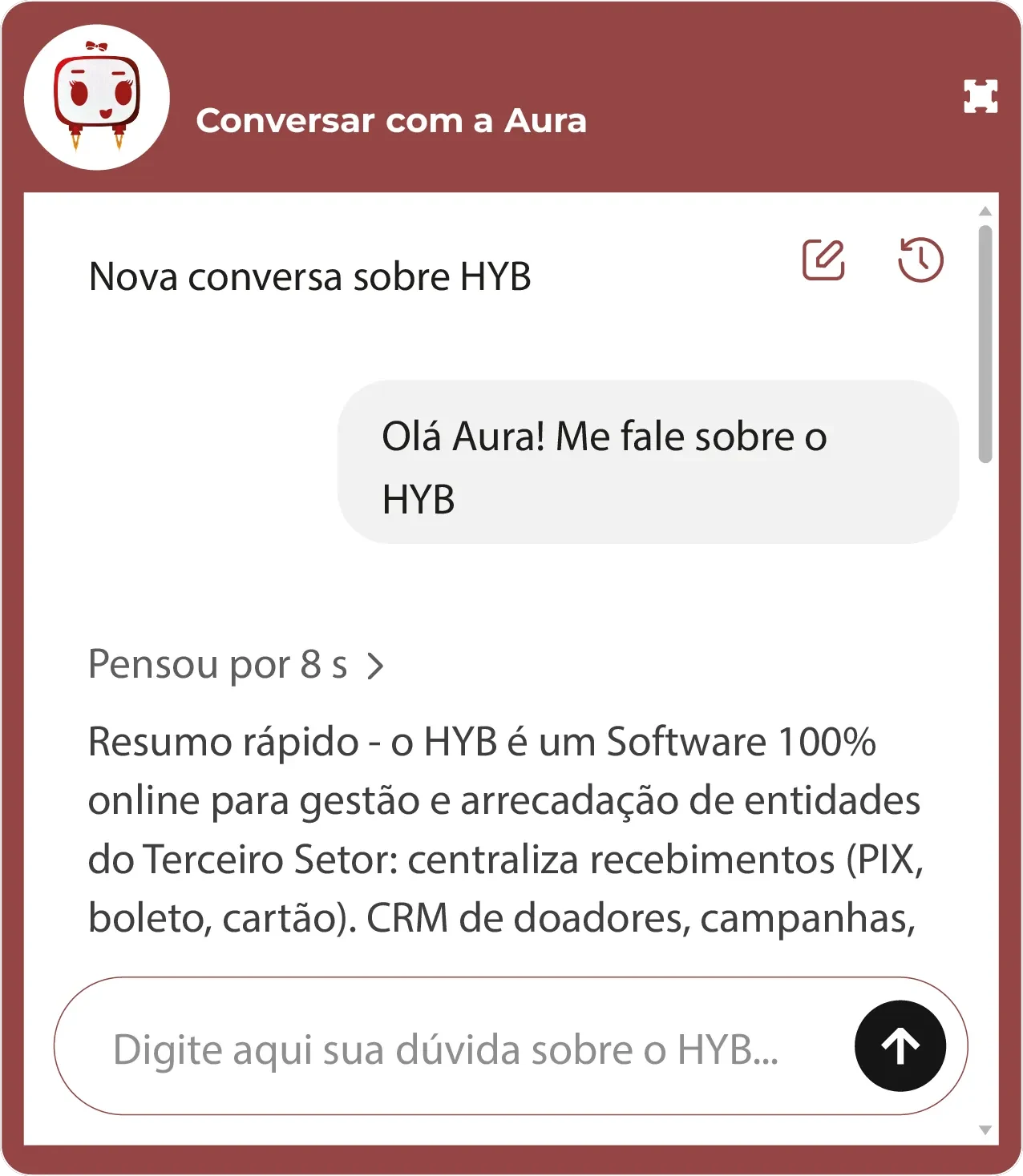 Janela de conversa com a Aura dentro do HYB: o usu�rio pergunta sobre o sistema e a assistente responde em texto, com hist�rico da conversa e campo para digitar a d�vida