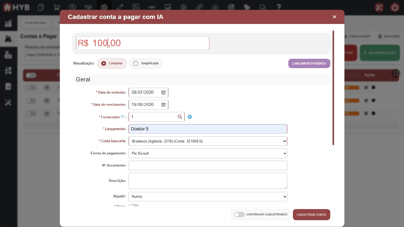 Tela do HYB com o lan�amento de uma conta a pagar sendo cadastrado pela Aura, com os campos do lan�amento preenchidos a partir do documento