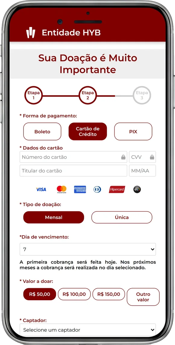 P�gina de doa��o no celular, com escolha entre boleto, cart�o e Pix, campos do cart�o, op��o de doa��o mensal ou �nica e dia de vencimento