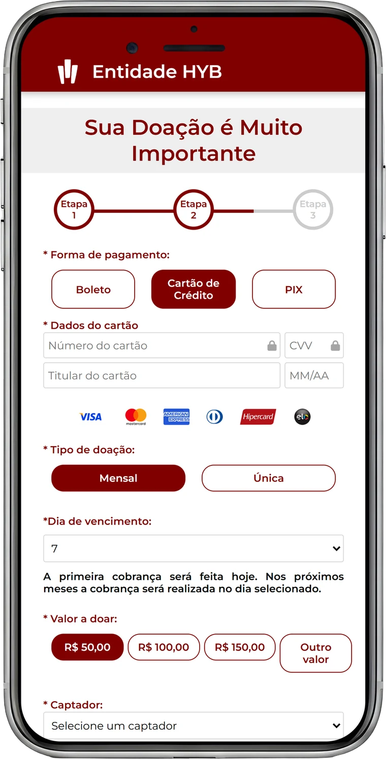 P�gina de doa��o no celular, com escolha entre boleto, cart�o e Pix, valor da doa��o e op��o de doa��o mensal ou �nica