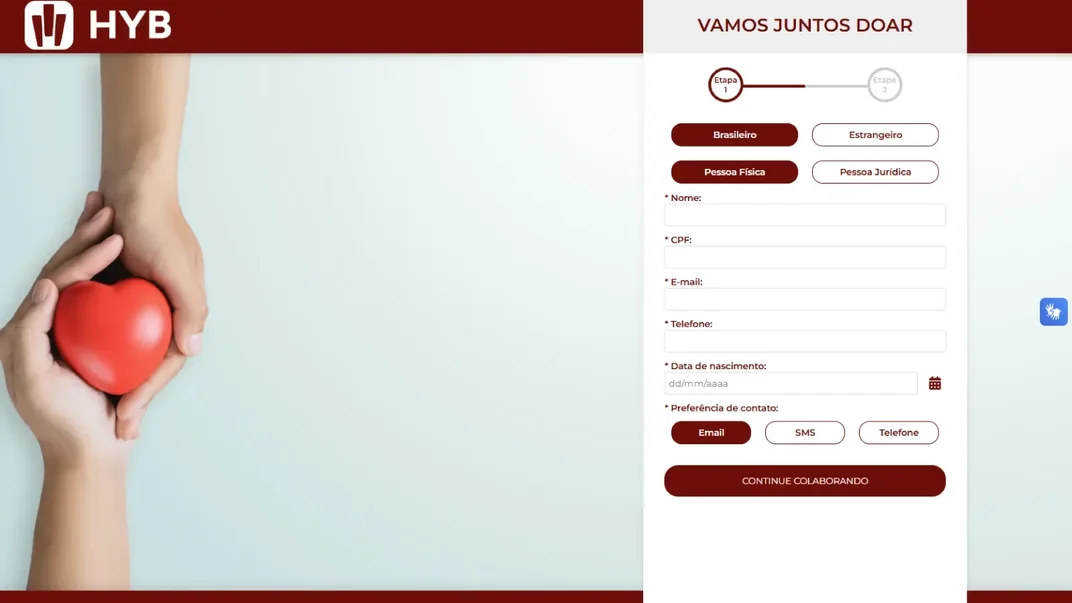Box de doa��o com o t�tulo Vamos juntos doar e o formul�rio de doa��o preenchido pelo doador