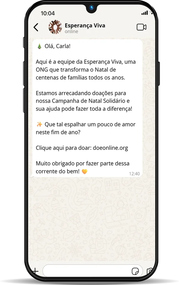 Celular exibindo uma conversa de WhatsApp em que a organiza��o Esperan�a Viva apresenta sua campanha de Natal e envia o link da p�gina de doa��o