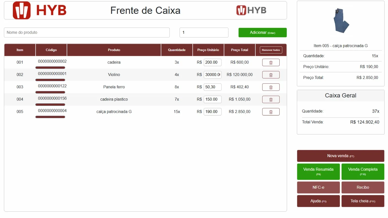 Tela de frente de caixa do HYB, com a lista de itens da venda, quantidade, pre�o unit�rio e total, e o resumo do caixa geral