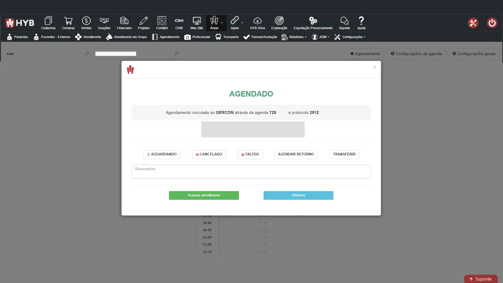 Di�logo de um agendamento no HYB indicando que ele veio do GERCON, com a agenda e o protocolo de origem e as a��es de aguardando, cancelado, faltou, agendar retorno e transferir