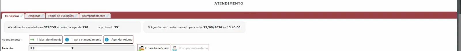 Faixa da tela de atendimento do HYB informando que o atendimento est� vinculado ao GERCON pela agenda e pelo protocolo, com a data e a hora marcadas
