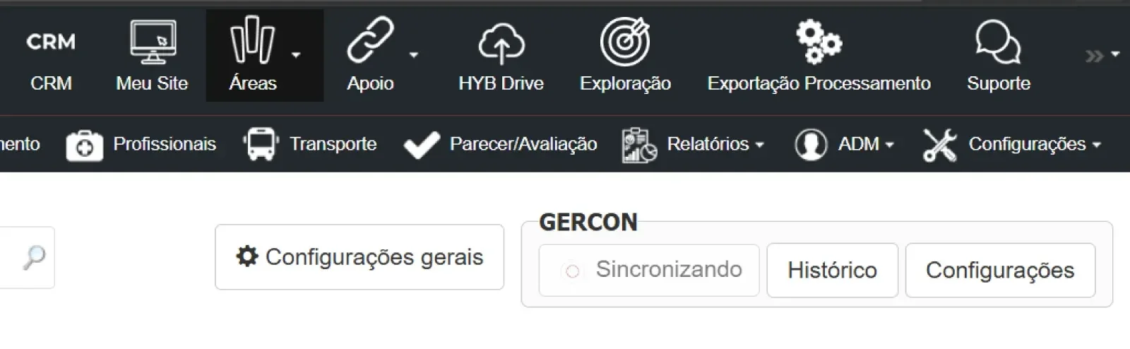 �rea de configura��o do GERCON no m�dulo Sa�de do HYB, com os bot�es Sincronizando, Hist�rico e Configura��es