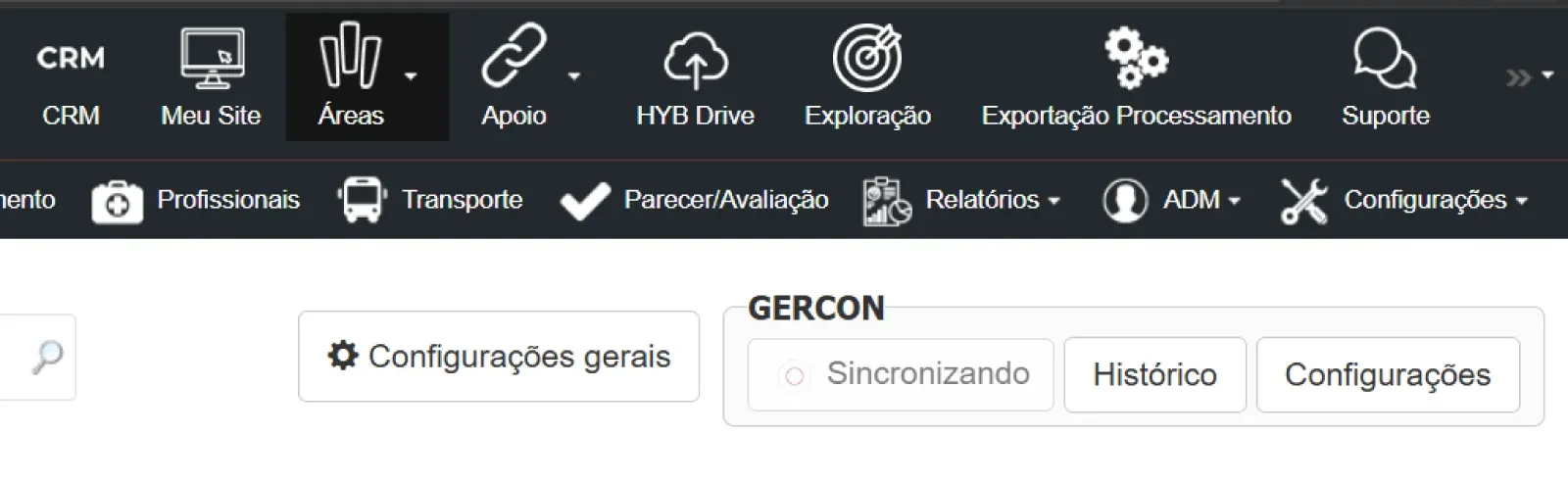 �rea de configura��o do GERCON no m�dulo Sa�de do HYB, com os bot�es Sincronizando, Hist�rico e Configura��es