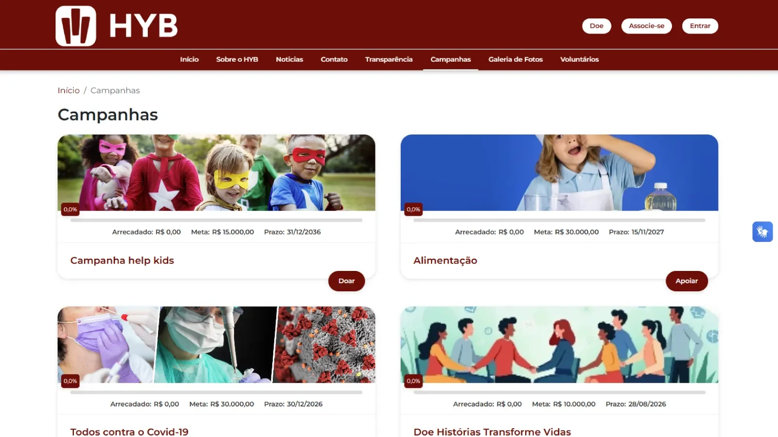 P�gina de campanhas do site da entidade, com cart�es de campanha, foto, valor arrecadado e bot�o de doa��o