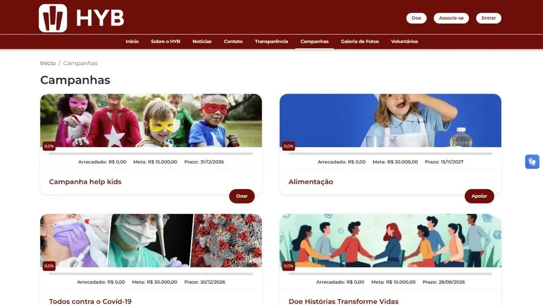 P�gina de campanhas do site da entidade, listando quatro campanhas, cada uma com foto, percentual j� arrecadado, meta, prazo e bot�o de doar