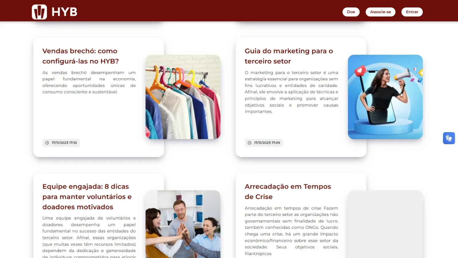 P�gina de not�cias do site da entidade, com cart�es de mat�rias e imagem de capa em cada uma
