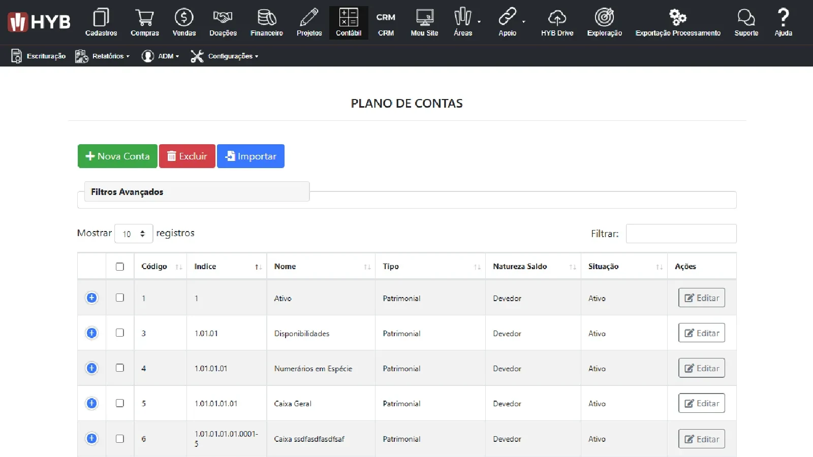 Tela de plano de contas do HYB, com a lista de contas por c�digo, �ndice, nome, tipo, natureza do saldo e situa��o, e os bot�es de nova conta, excluir e importar