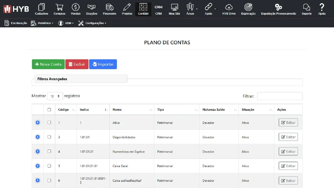 Tela de plano de contas do HYB, com a lista de contas por c�digo, �ndice, nome, tipo, natureza do saldo e situa��o, e os bot�es de nova conta, excluir e importar
